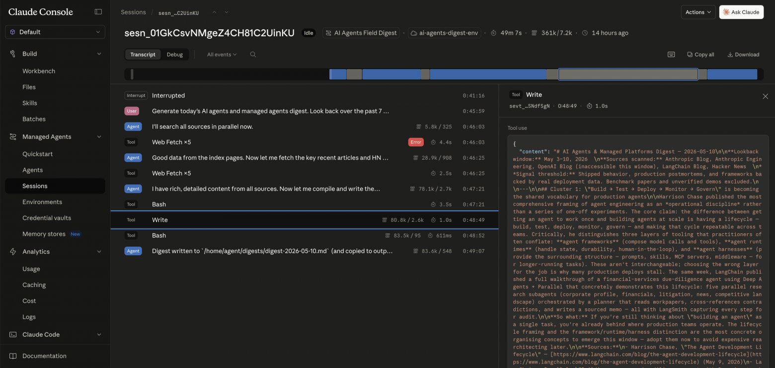 Клик на событие Write — и в JSON-блоке раскрывается полный текст дайджеста